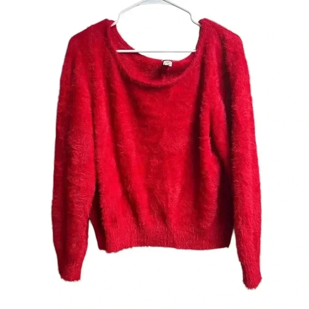 Victoria's Secret Fuzzy Sweater Red Pullover Top Rib Trim Long Sleeves Medium